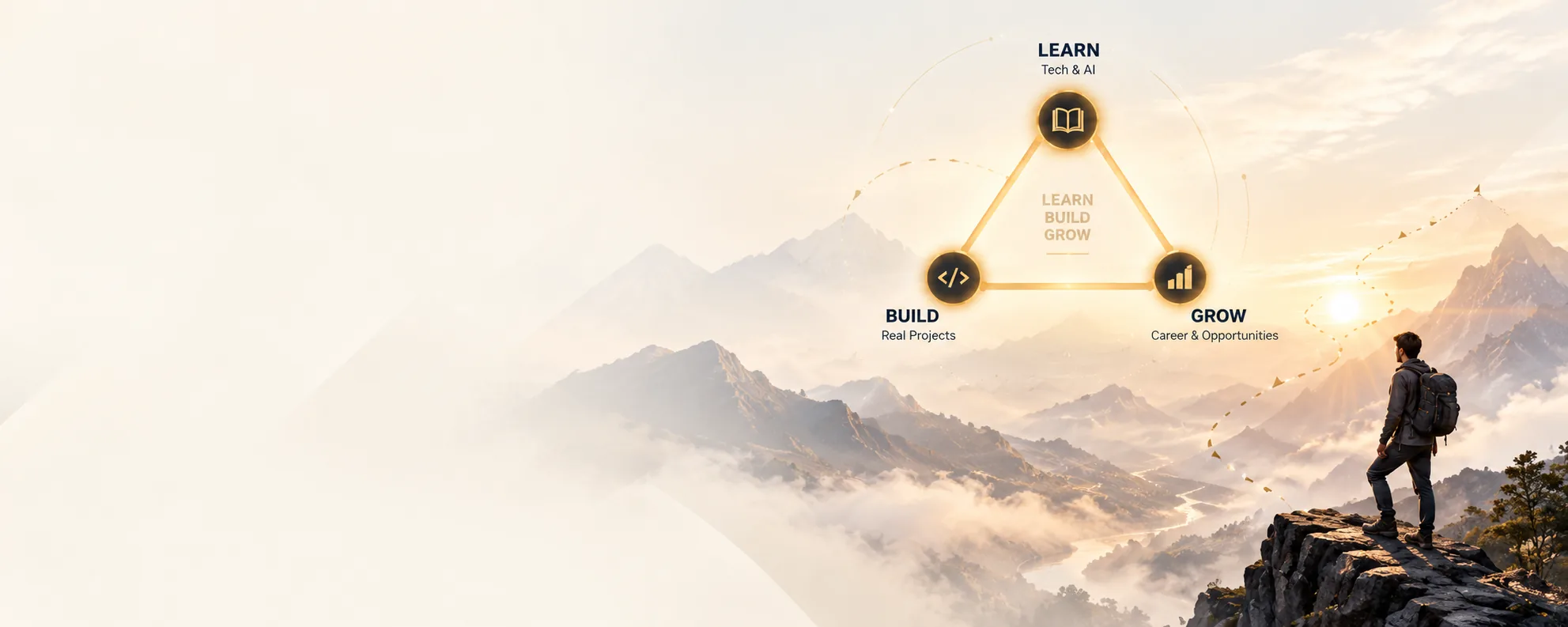 The three stages: Learn (Tech & AI), Build (real projects) and Grow (career & opportunities).