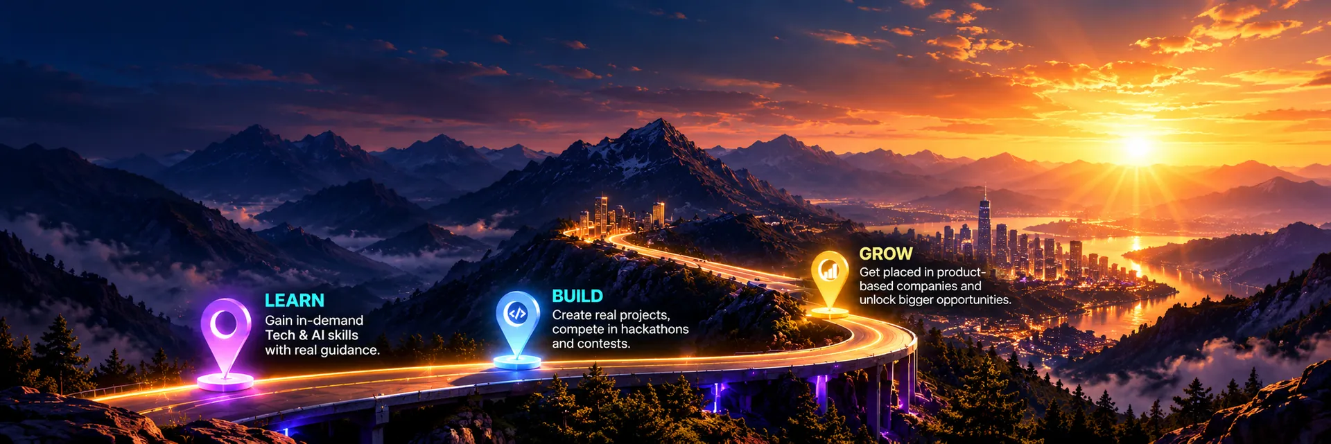 A road from Learn (gain in-demand Tech & AI skills) to Build (create real projects, compete in hackathons) to Grow (get placed in product-based companies).