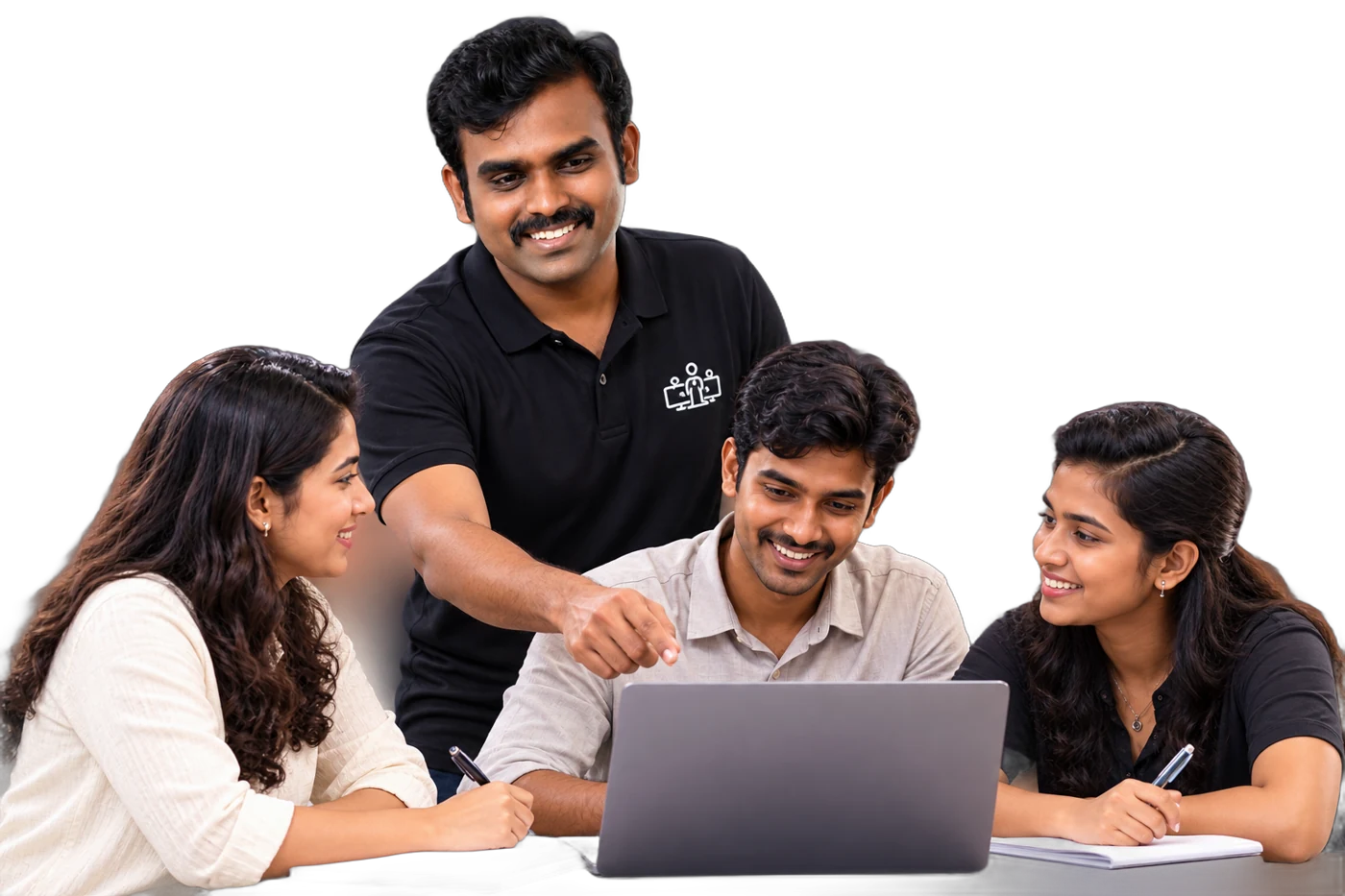 Sateesh Kumar mentoring a group of students around a laptop.